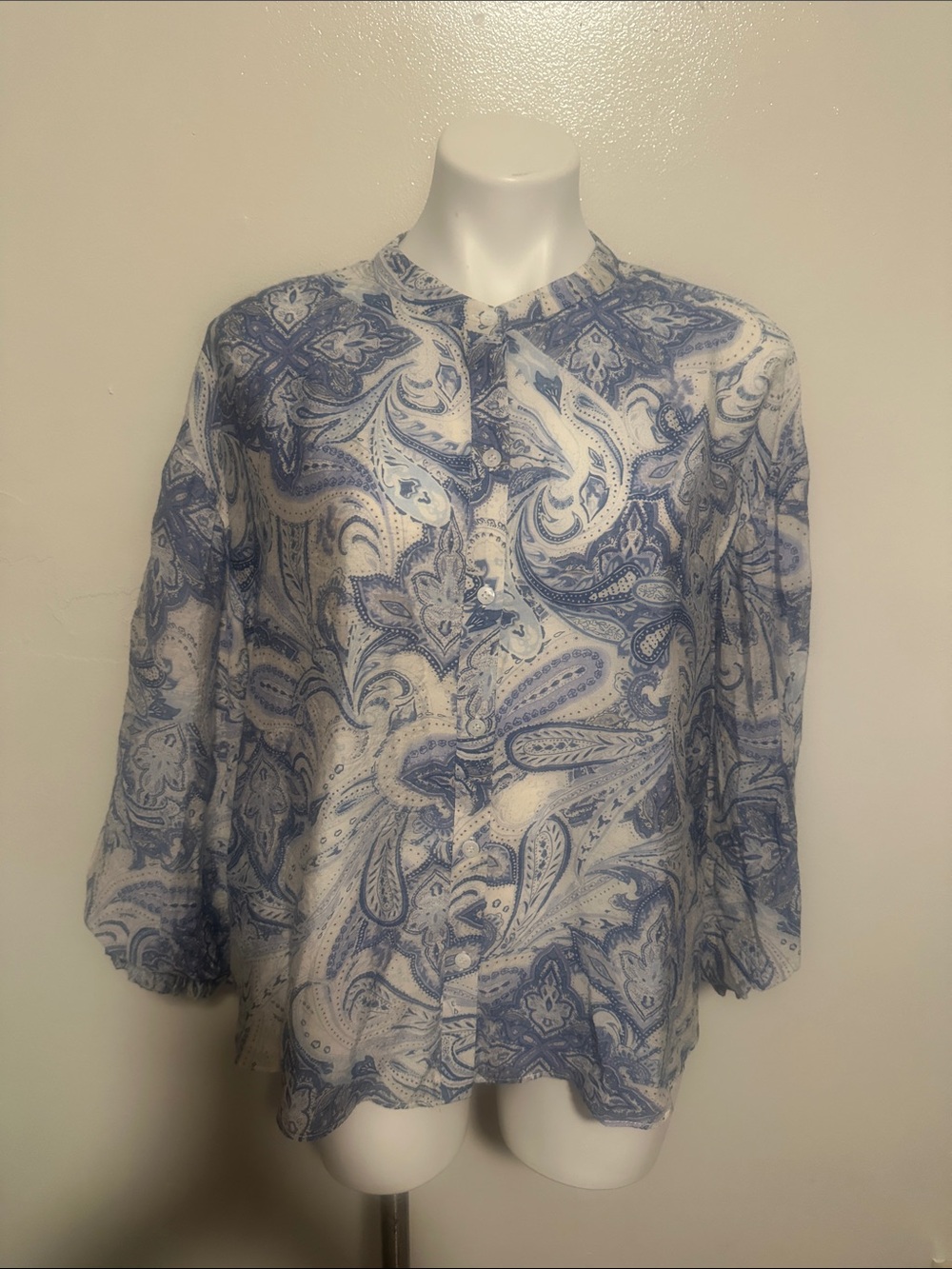 Fate Blue and White Paisley Button-Front Top